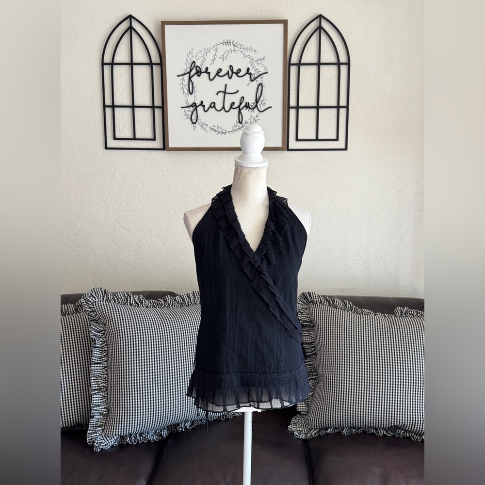Alice + Olivia Black Ruffle Trim Backless Halter Top Size S Silk & Cotton Summer